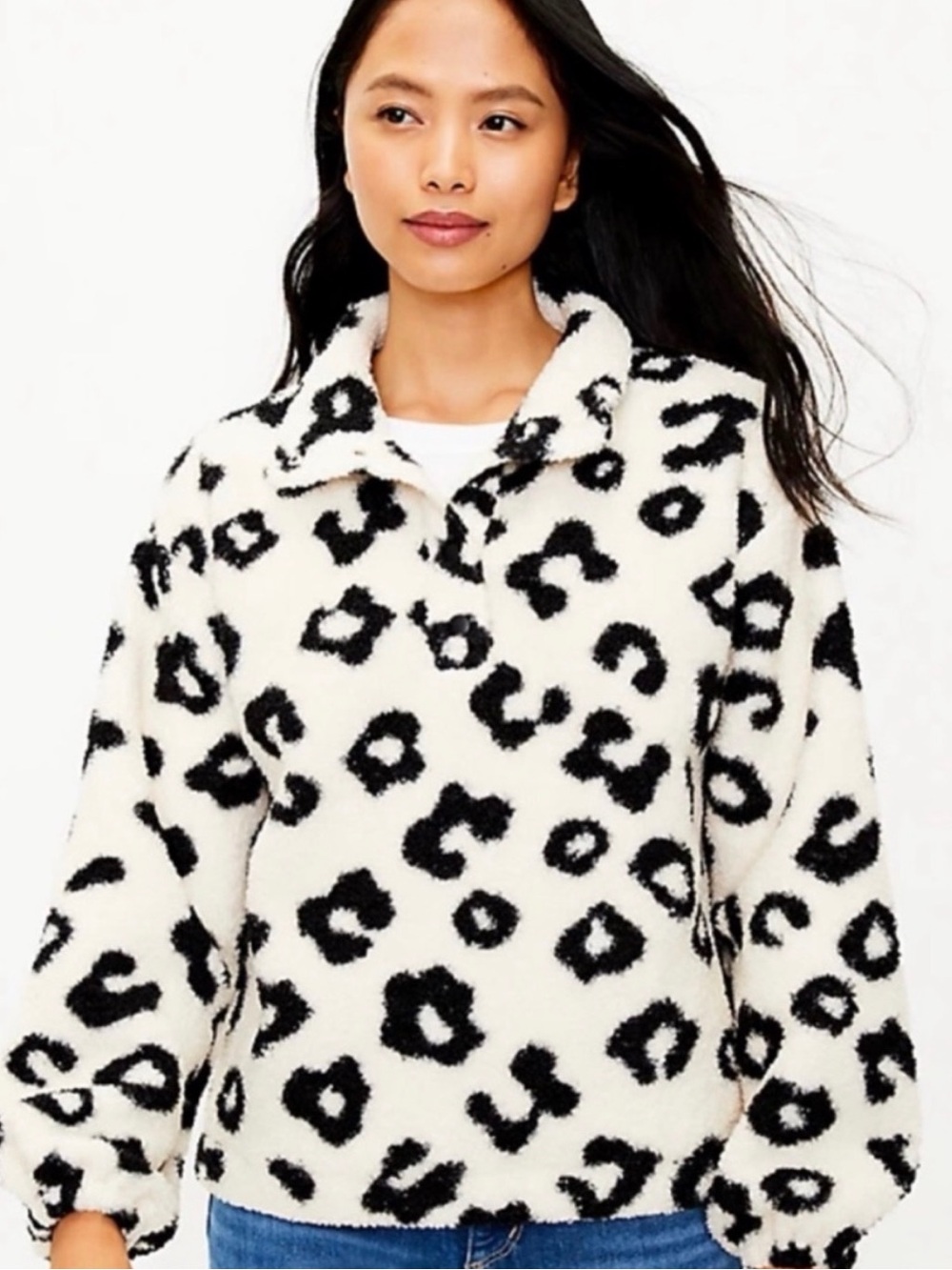 LOFT Black & White Leopard Sherpa Pullover Jacket
